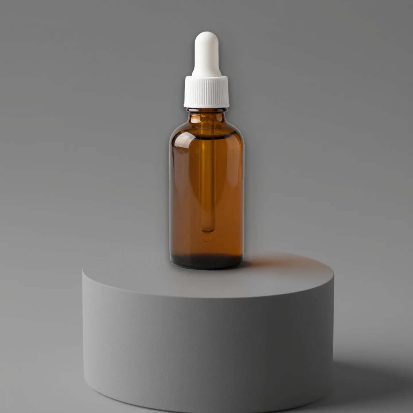 Amber dropper bottle standing on a grey podium against a minimal studio backdrop