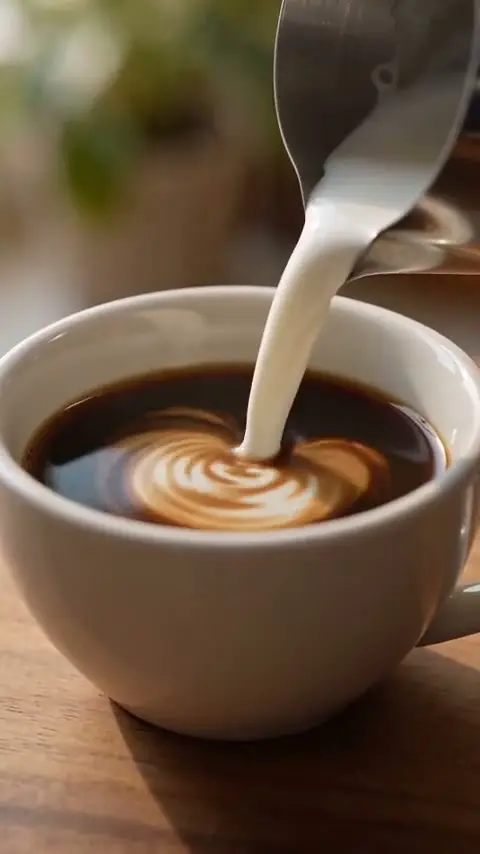 Close-up of latte art being poured in a sunlit cafe, steam rising from the cup, warm morning light, vertical framing for a phone feed