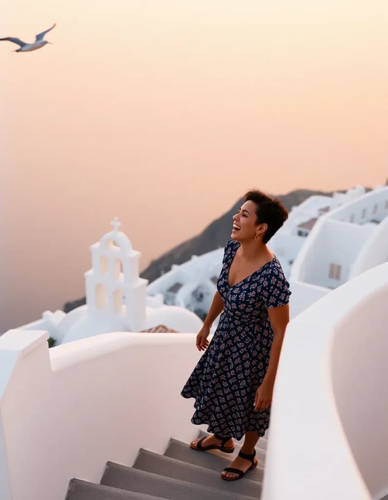 Couple laughing on a whitewashed Santorini staircase: Portrait AI image template