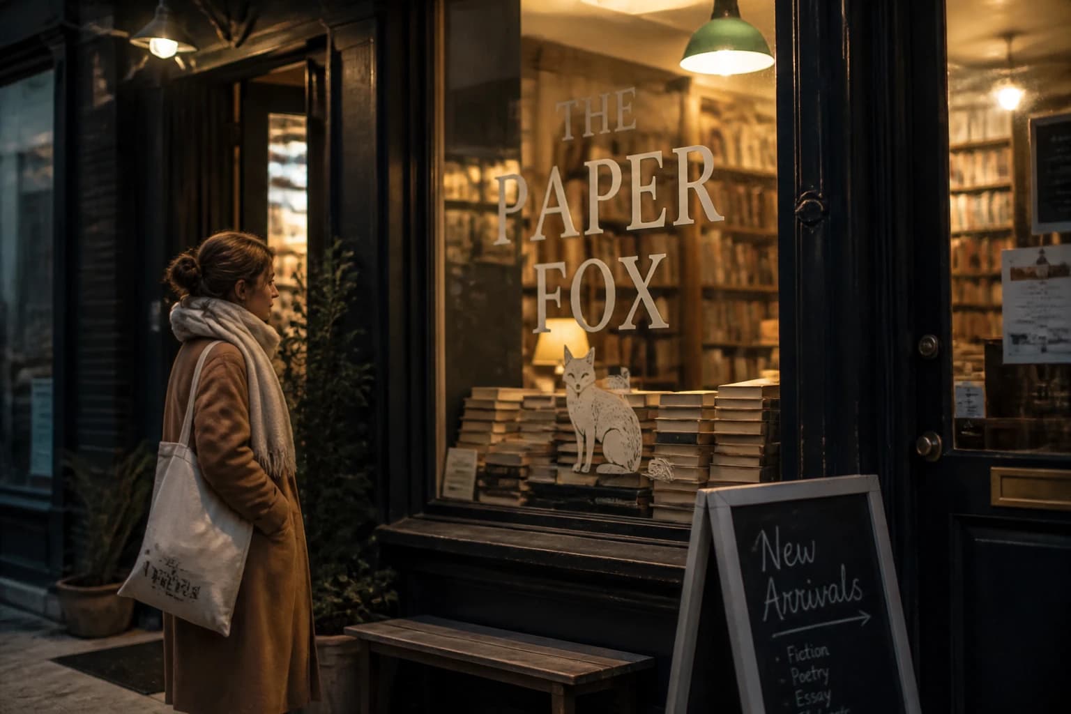 Cozy Bookshop at Dusk: Art & Style AI image template