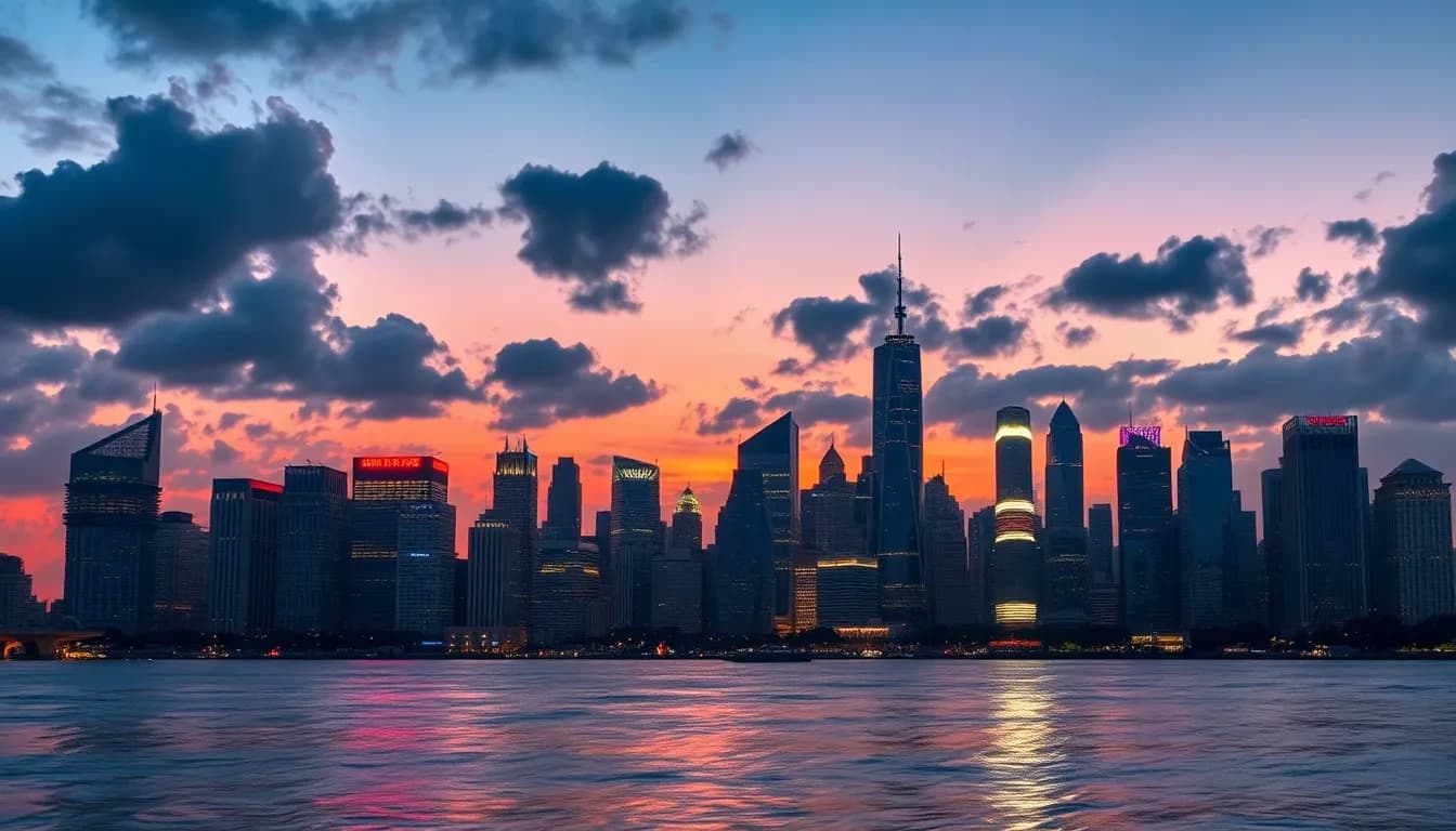 Twilight City Skyline Reflection: Art & Style AI image template