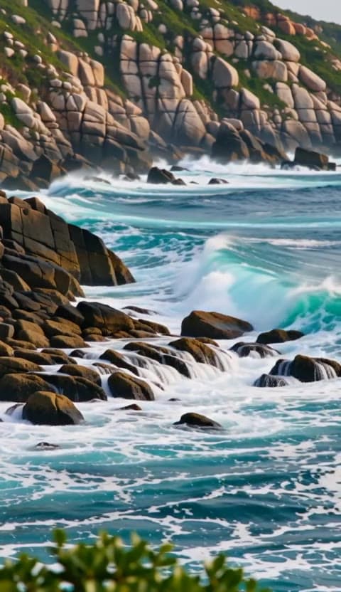 Slow-motion ocean waves crashing on a rocky coastline: Video AI video template