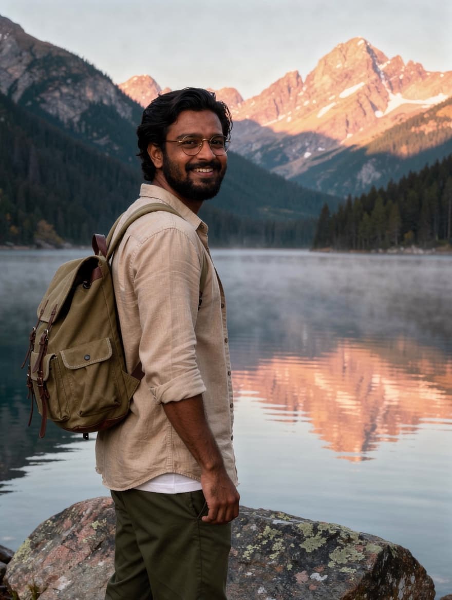 Mountain-lake explorer: Portrait AI image template