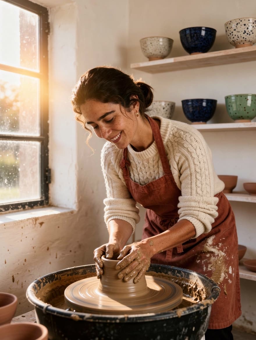 Ceramicist in the studio: Portrait AI image template