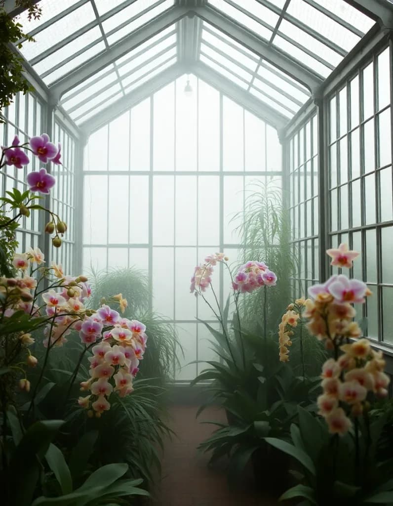 Victorian glass greenhouse interior full of rare orchids: Art & Style AI image template