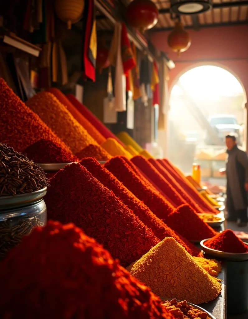 Vibrant Marrakech spice market stall: Art & Style AI image template