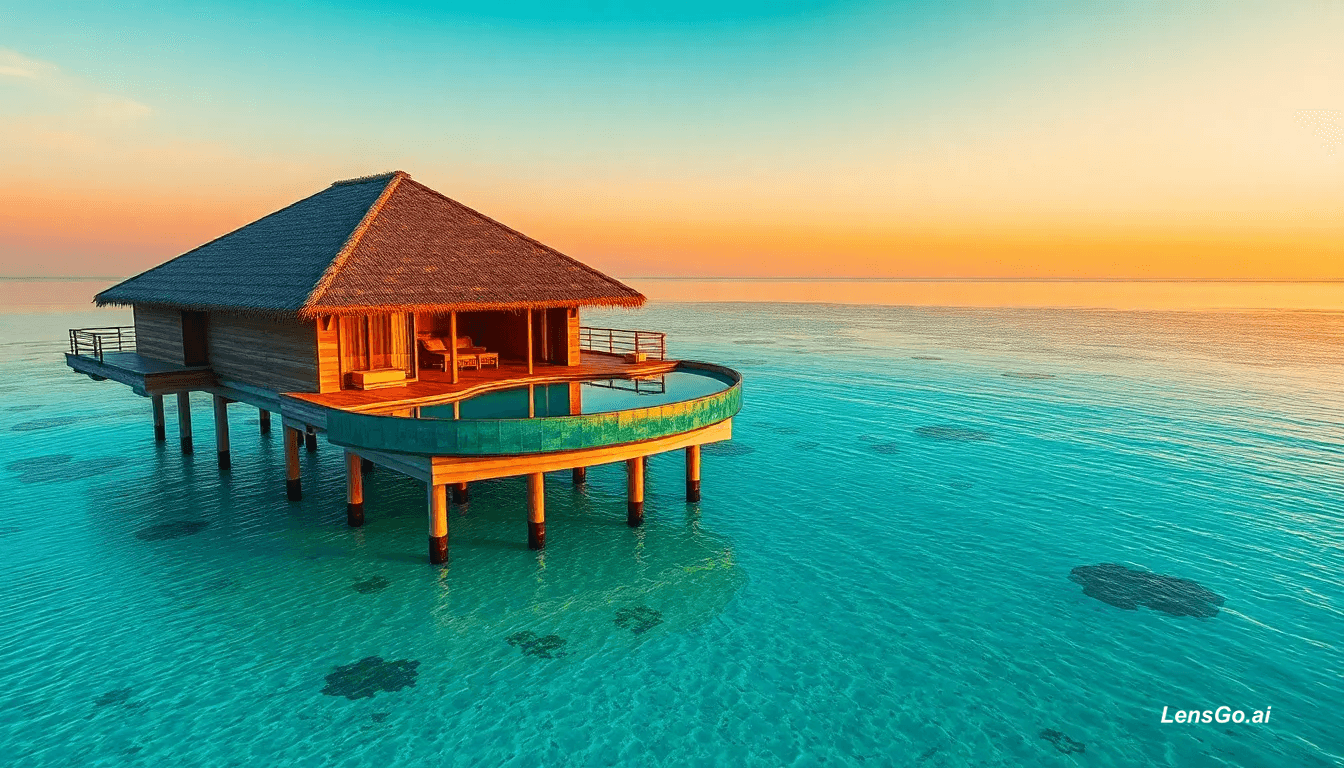 Maldives Overwater Villa Sunset: Art & Style AI image template