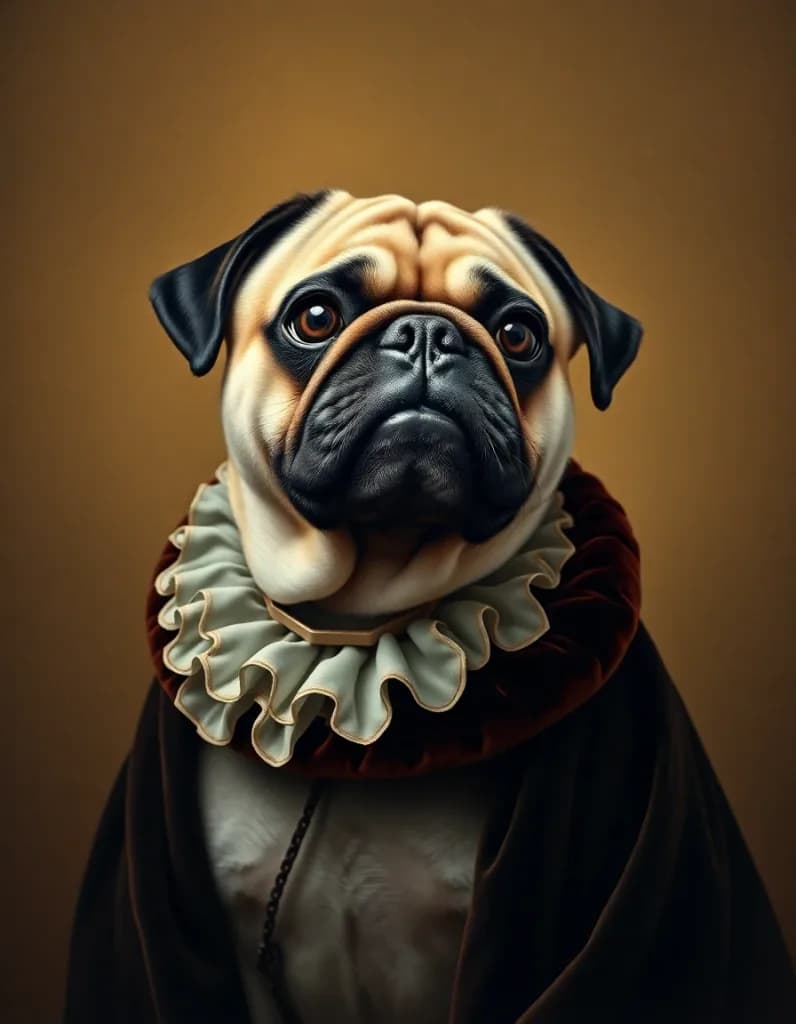 Renaissance oil painting portrait of a regal pug wearing a: Fun & Trends AI image template