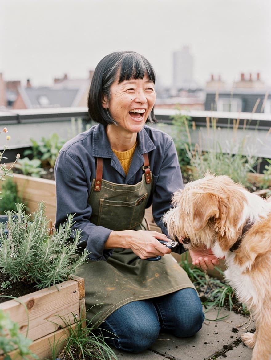 Rooftop garden with a dog: Portrait AI image template