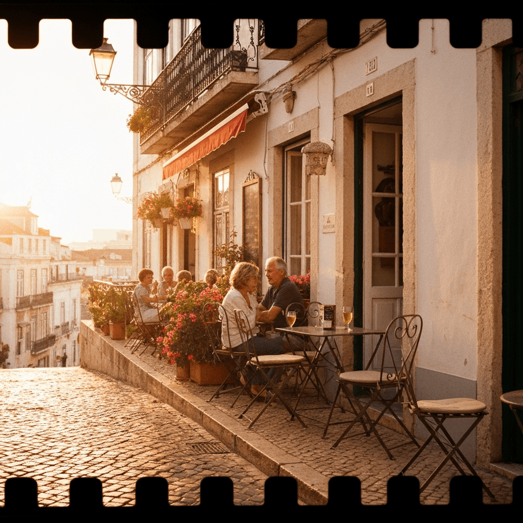 Sunlit Lisbon Cafe Terrace: Art & Style AI image template
