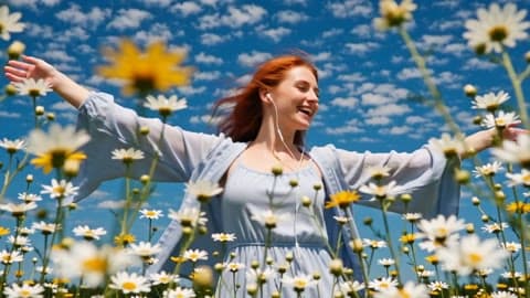 A joyful red-haired woman dancing freely in a flower-filled: Video AI video template