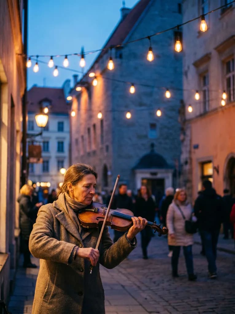 Street violinist under warm string lights in an old-town: Portrait AI image template