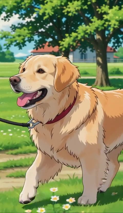 A golden retriever running through a meadow: Video AI video template
