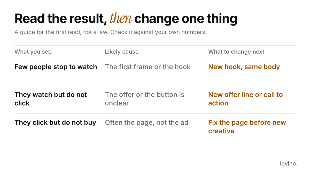 A table for reading ad test results: few people stop points to the hook, watching without clicking points to the offer or button, clicking without buying points to the page.