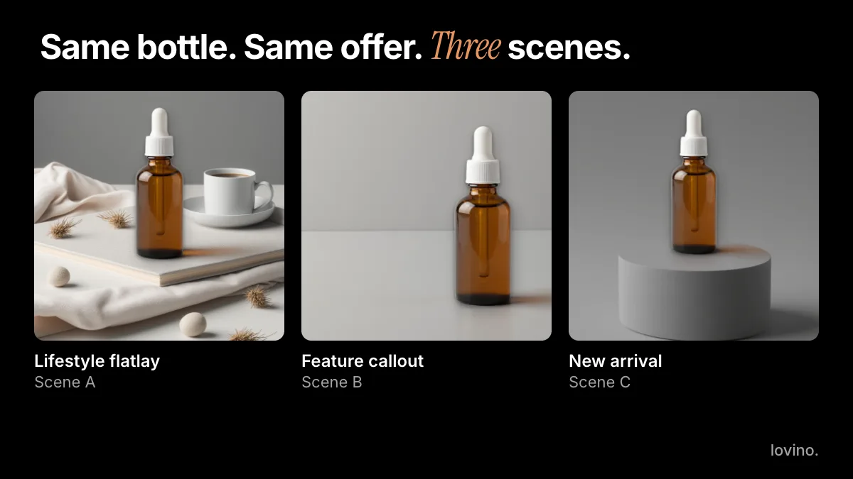 Three ad scenes made from the same amber serum bottle photo, one lifestyle flatlay, one feature callout and one new arrival, used as variants in an ad creative test.