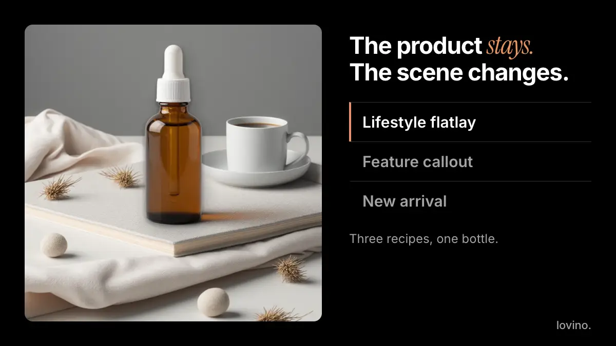 Animated slideshow of the same amber serum bottle in three Ad Studio scenes: lifestyle flatlay, feature callout and new arrival. The bottle stays the same and only the scene changes.
