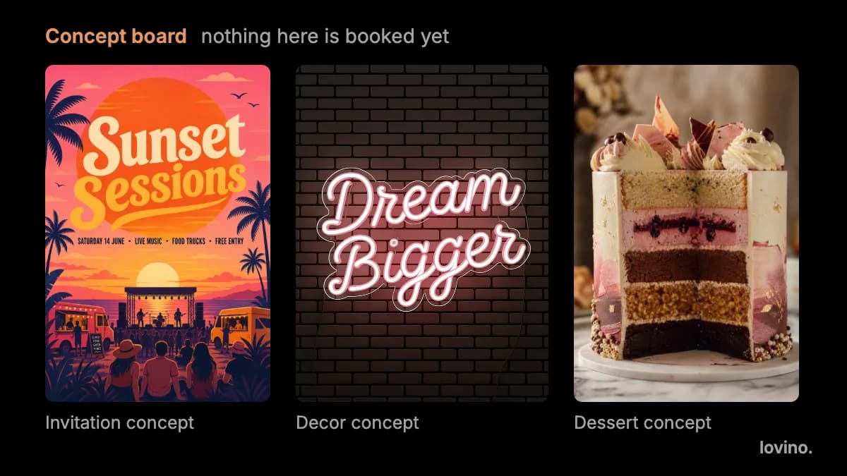 AI content for event planners: a concept board with a summer music night invitation, a pink neon sign and a layered dessert, all AI-made concepts