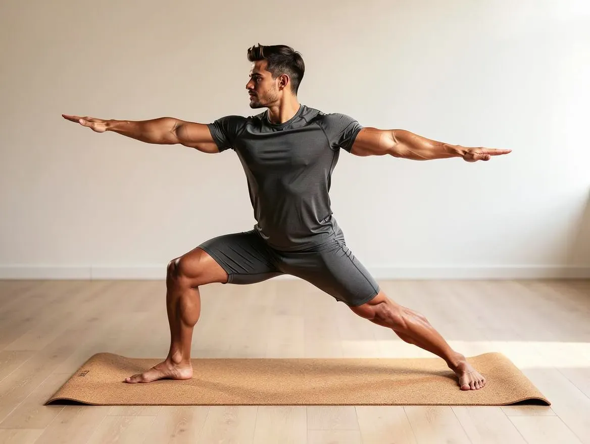 An AI-made character in a warrior pose on a cork yoga mat in a bright studio, a fictional example and not a client