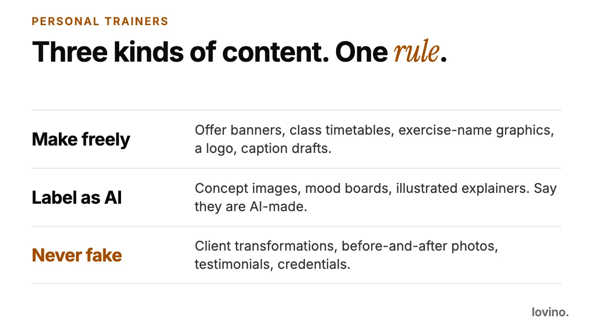 A three-row card for trainers: make offer banners and timetables freely, label concept images as AI, and never fake client transformations, before-and-after photos, testimonials or credentials