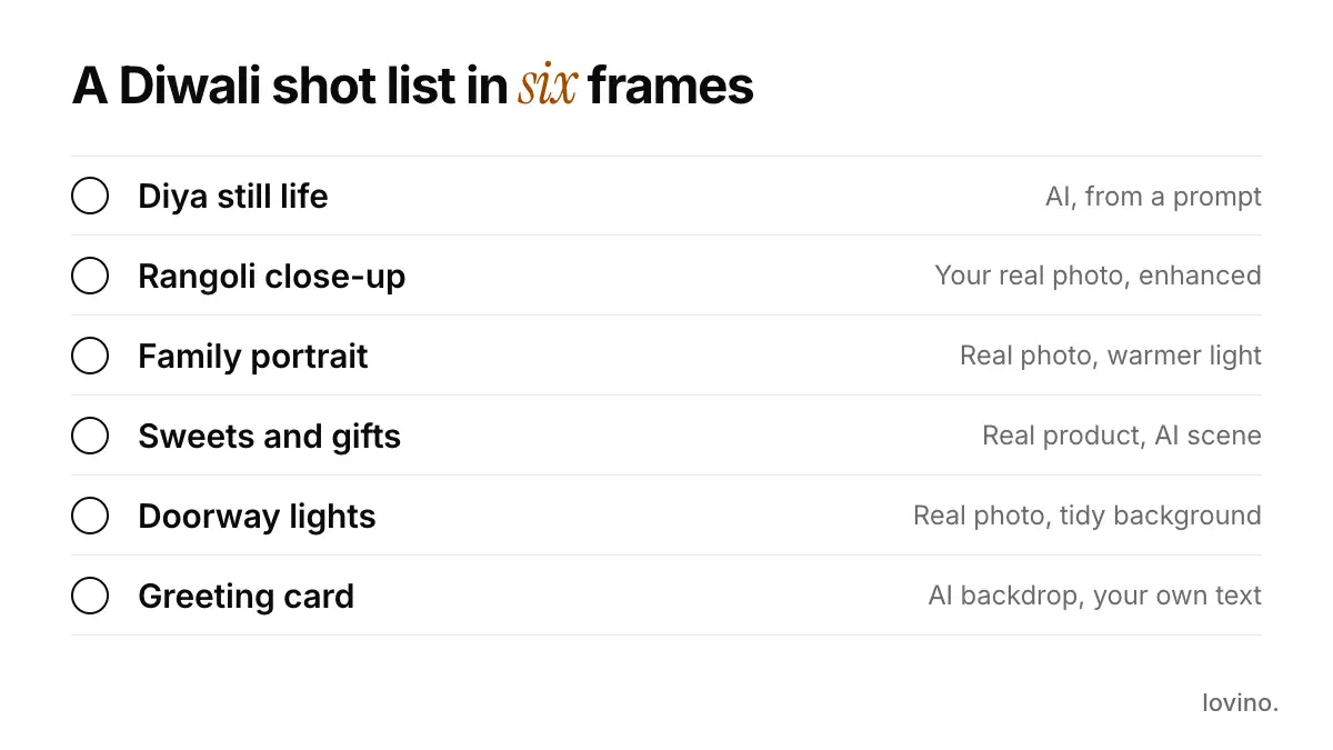 Diwali photo ideas shot list: six frames, each marked as AI-made or your real photo