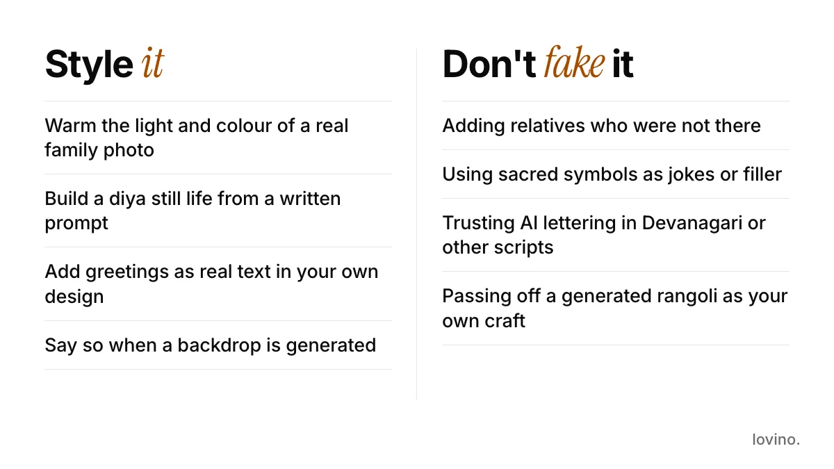 Diwali photo ideas do and don't card: style real photos and add real text, never fake relatives, sacred symbols or craft