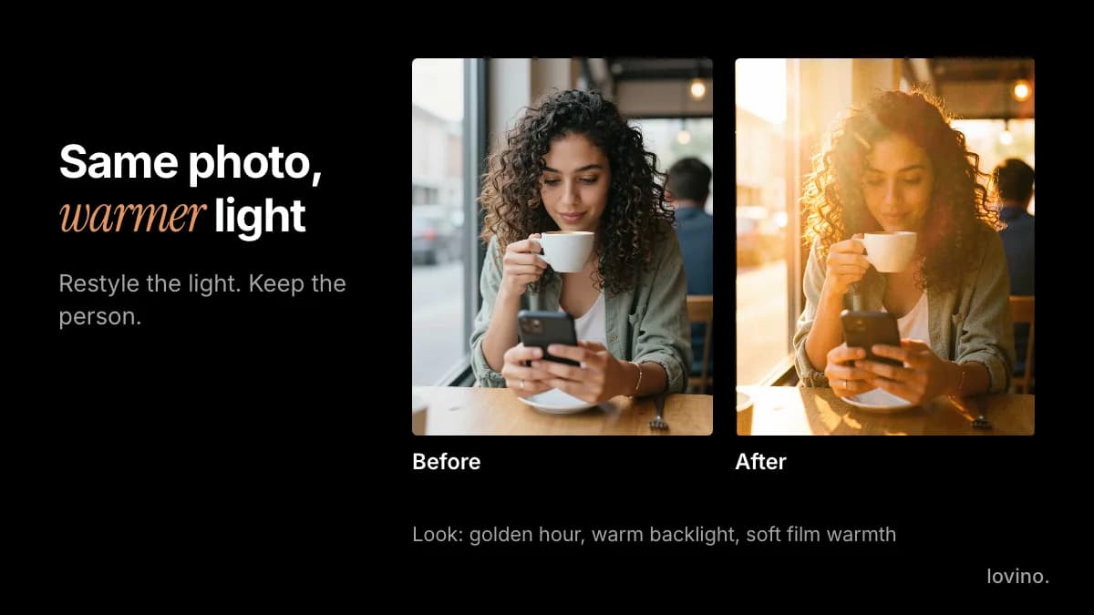 Before and after: a plain indoor portrait restyled with a warm golden-hour look, the kind of light that suits Diwali evening photos