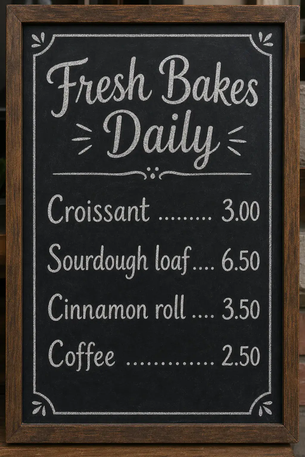 AI chalkboard menu board titled Fresh Bakes Daily listing croissant, sourdough loaf, cinnamon roll and coffee with prices