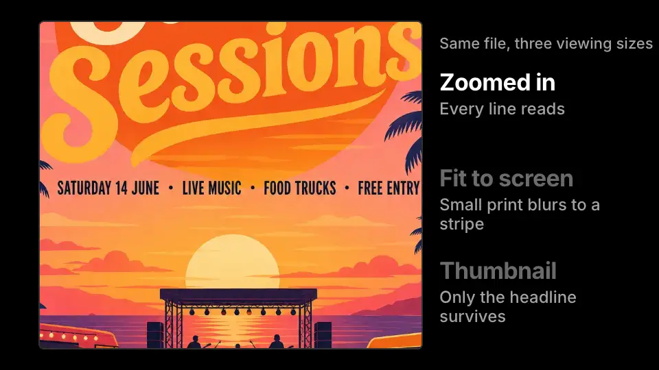 Animation of the same flyer file zoomed in, fit to screen and as a thumbnail, showing the small print fade while the headline stays readable