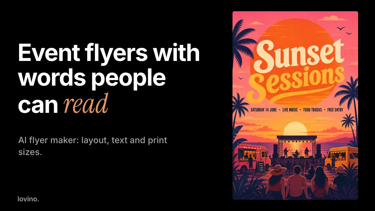AI event flyer maker example: a Sunset Sessions music event poster with a sun, palm trees, a stage and food trucks