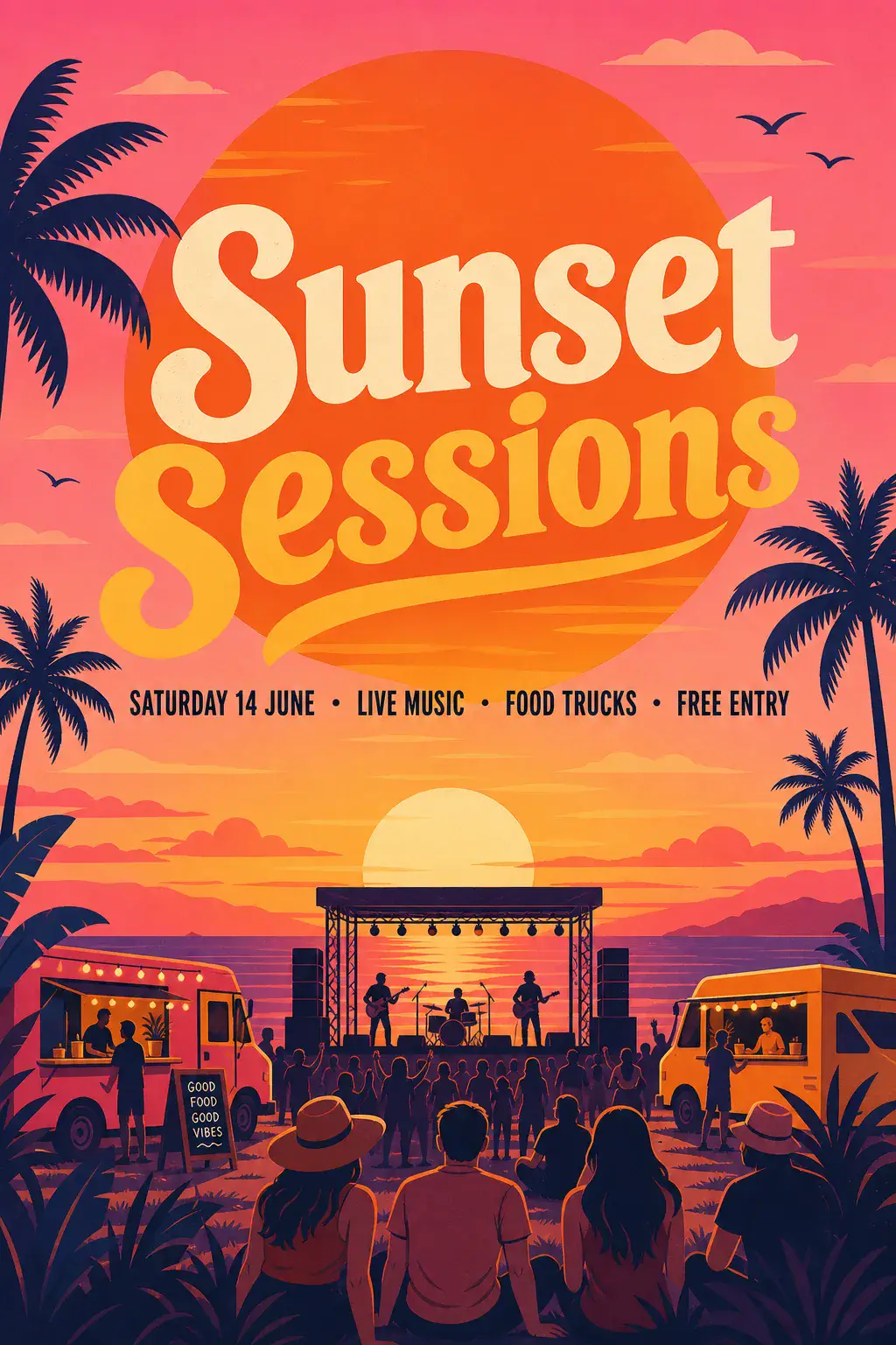 Sunset Sessions AI event flyer with a large headline, one details line, a stage, food trucks and a crowd at sunset