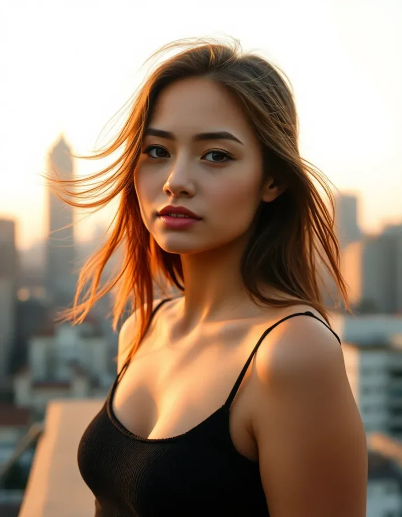 A generated natural-look portrait of a young woman on a city rooftop at golden hour