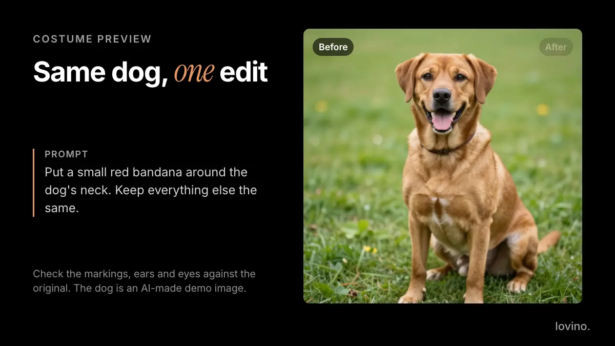 Animated before and after: a wipe reveals a small red bandana added to a dog photo by one AI edit, with the face, fur and pose unchanged, a simple Halloween pet costume preview.