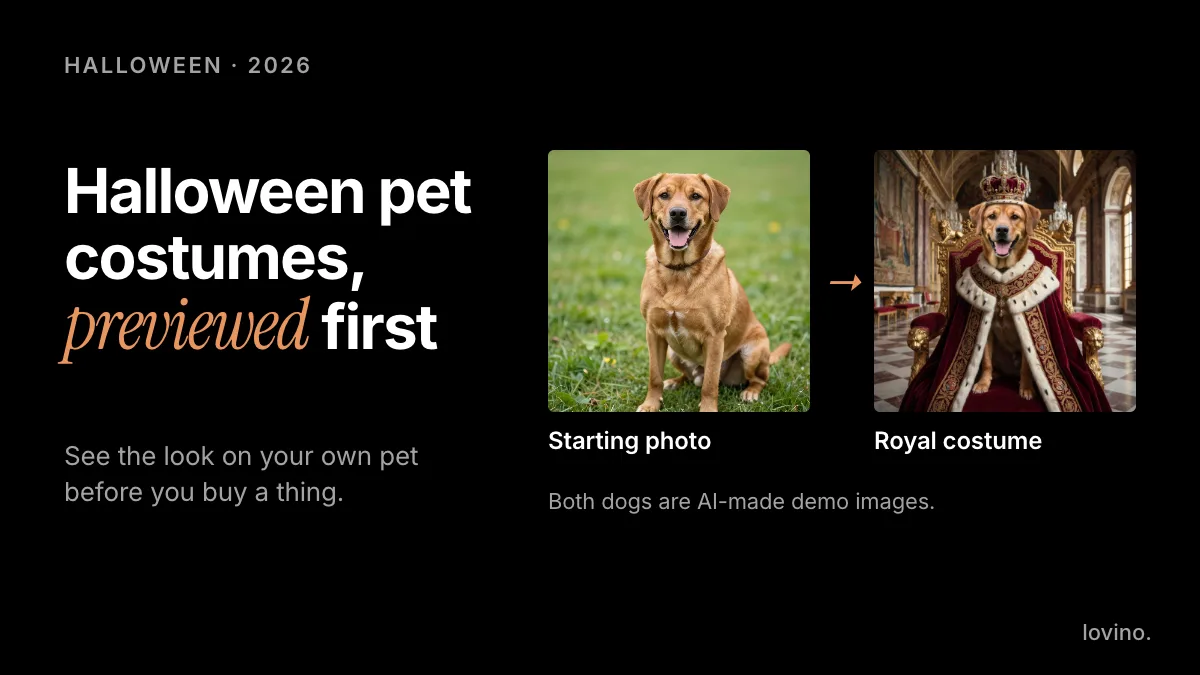 Halloween pet costumes with AI: an AI-made demo dog photo on grass next to a royal costume portrait of the same dog