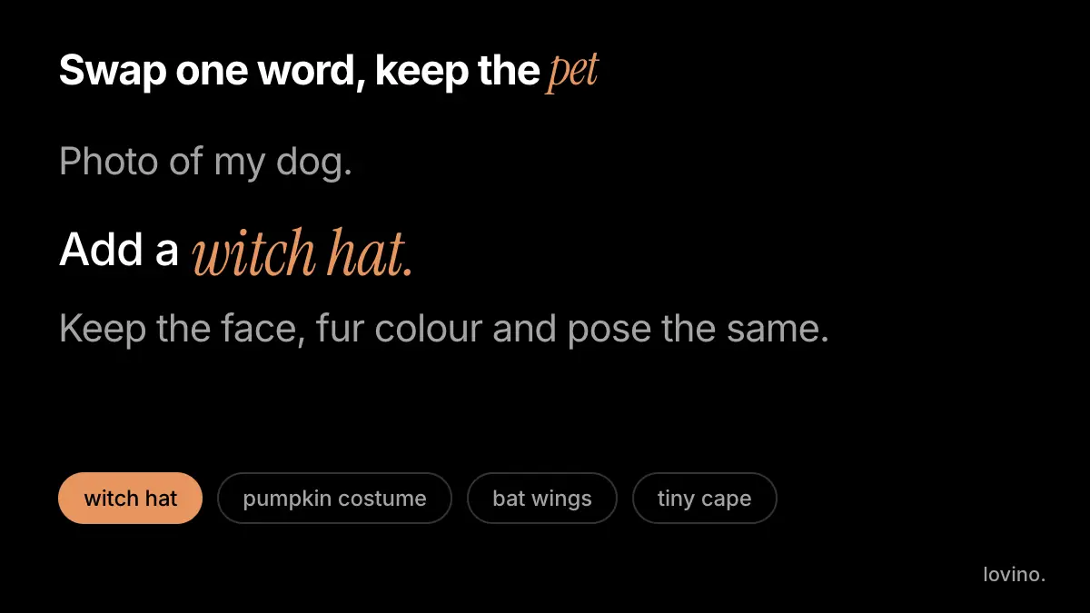 Halloween pet costumes prompt pattern: one costume word at a time, witch hat, pumpkin costume, bat wings, tiny cape