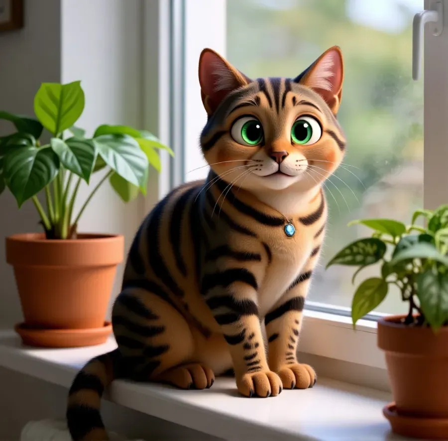 An AI-made cartoon-style portrait of a tabby cat by a window, a Halloween pet post that needs no costume