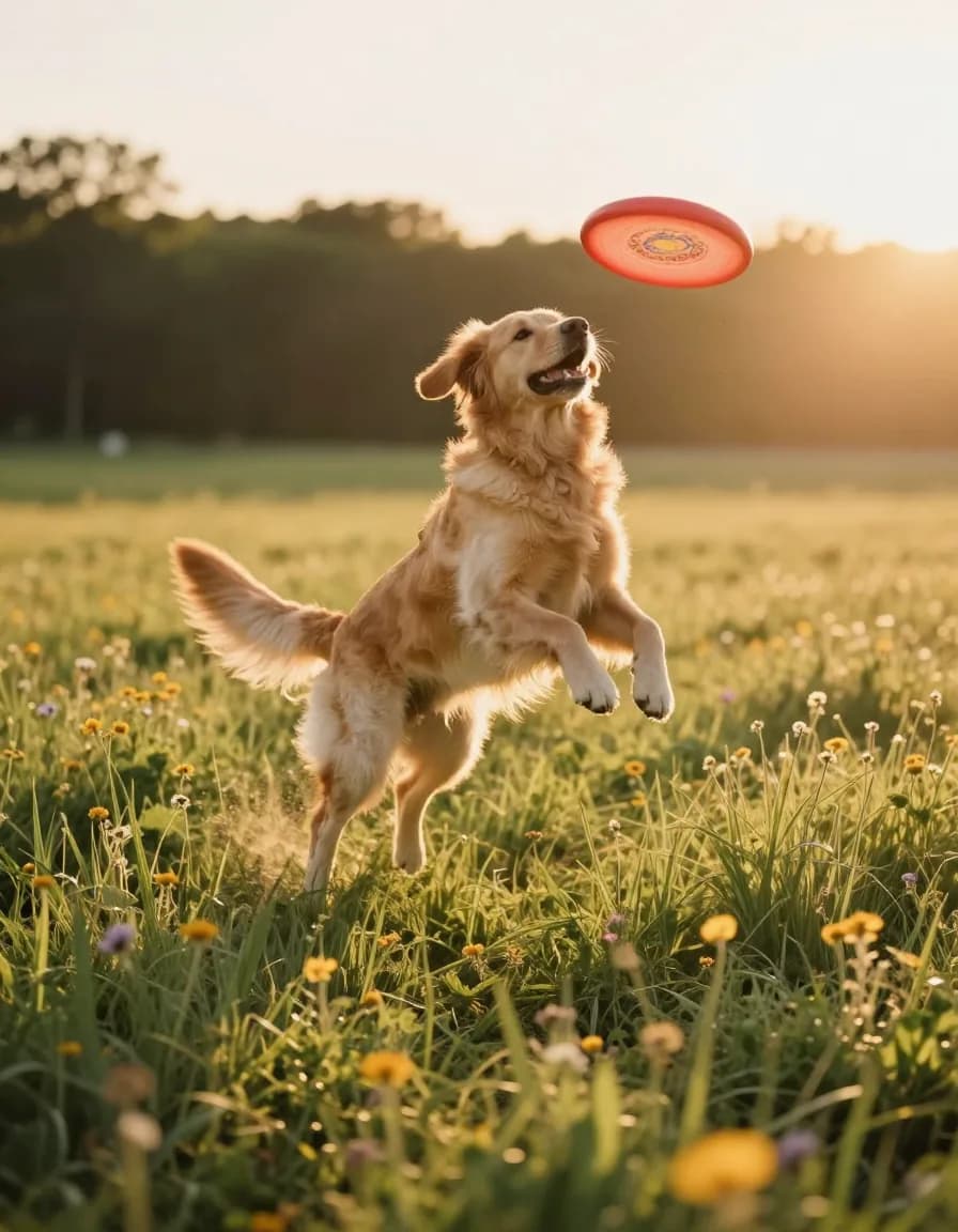 AI phone wallpaper of a golden retriever leaping to catch a frisbee in a wildflower meadow at golden hour