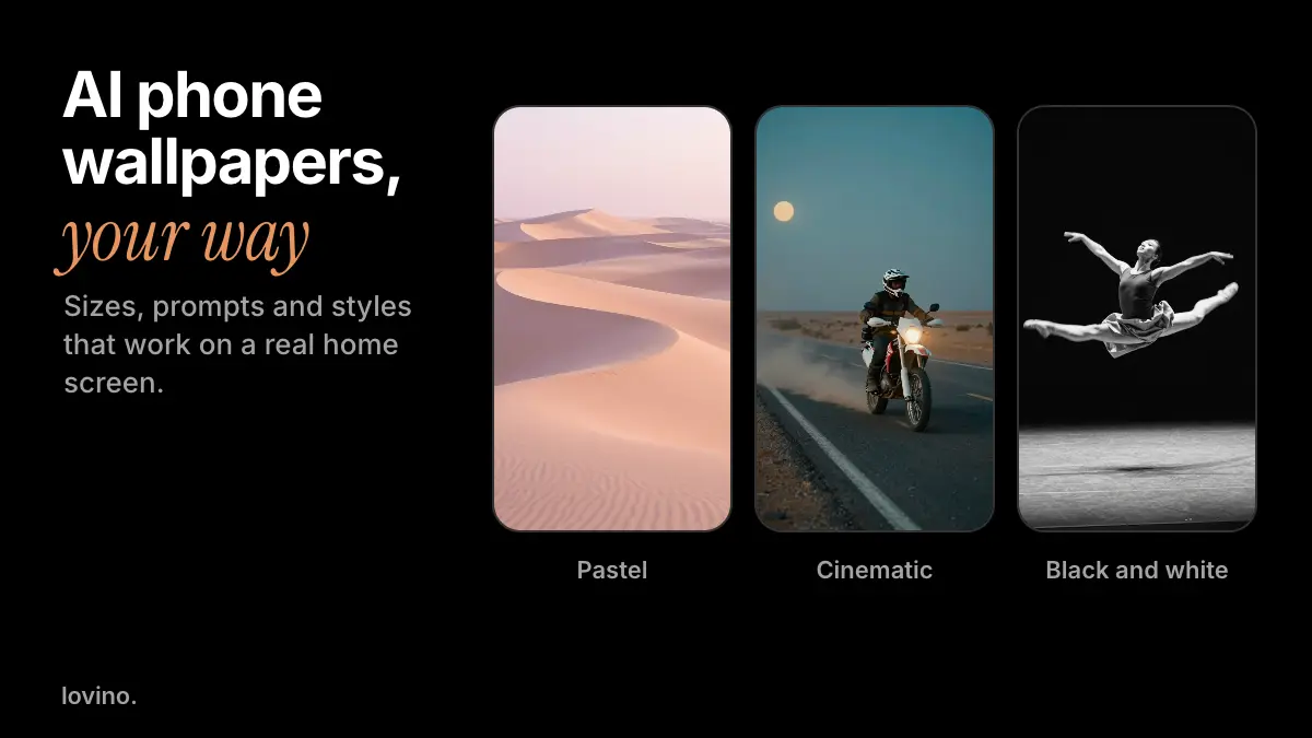 AI phone wallpaper prompts in action: pastel dunes, a cinematic desert road and a black and white dancer on three phones
