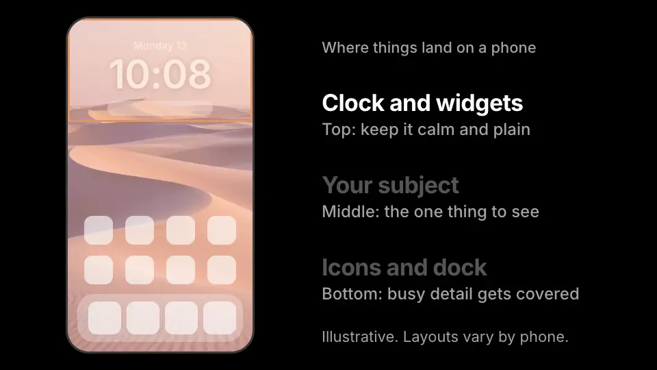 Animation of a pastel dunes wallpaper on a phone with a clock and app icons on top, highlighting the clock zone, the subject zone and the icon and dock zone in turn