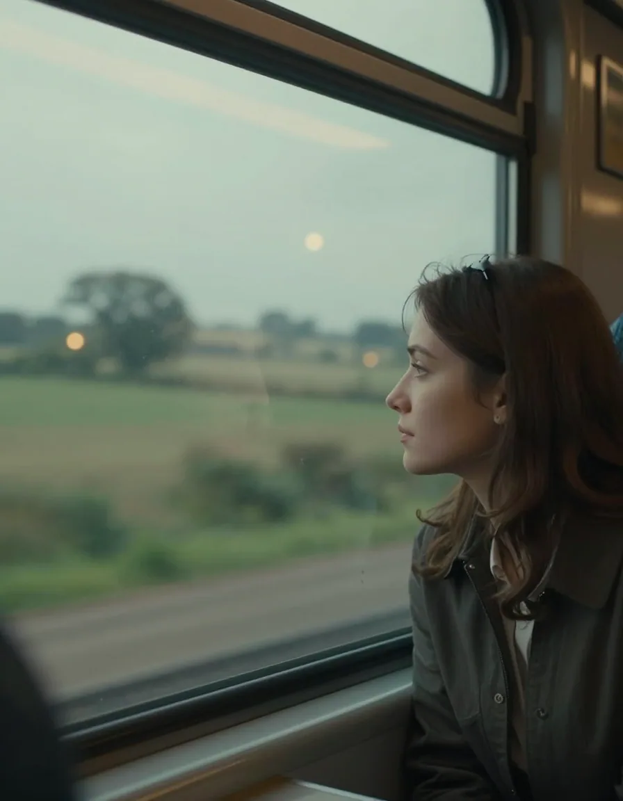 Cinematic AI phone wallpaper of a woman gazing out of a train window at soft green countryside
