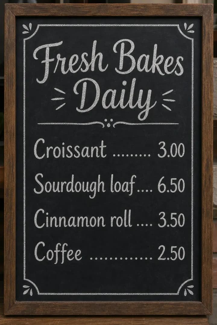 An AI-made chalkboard bakery menu board reading Fresh Bakes Daily, with placeholder items and prices