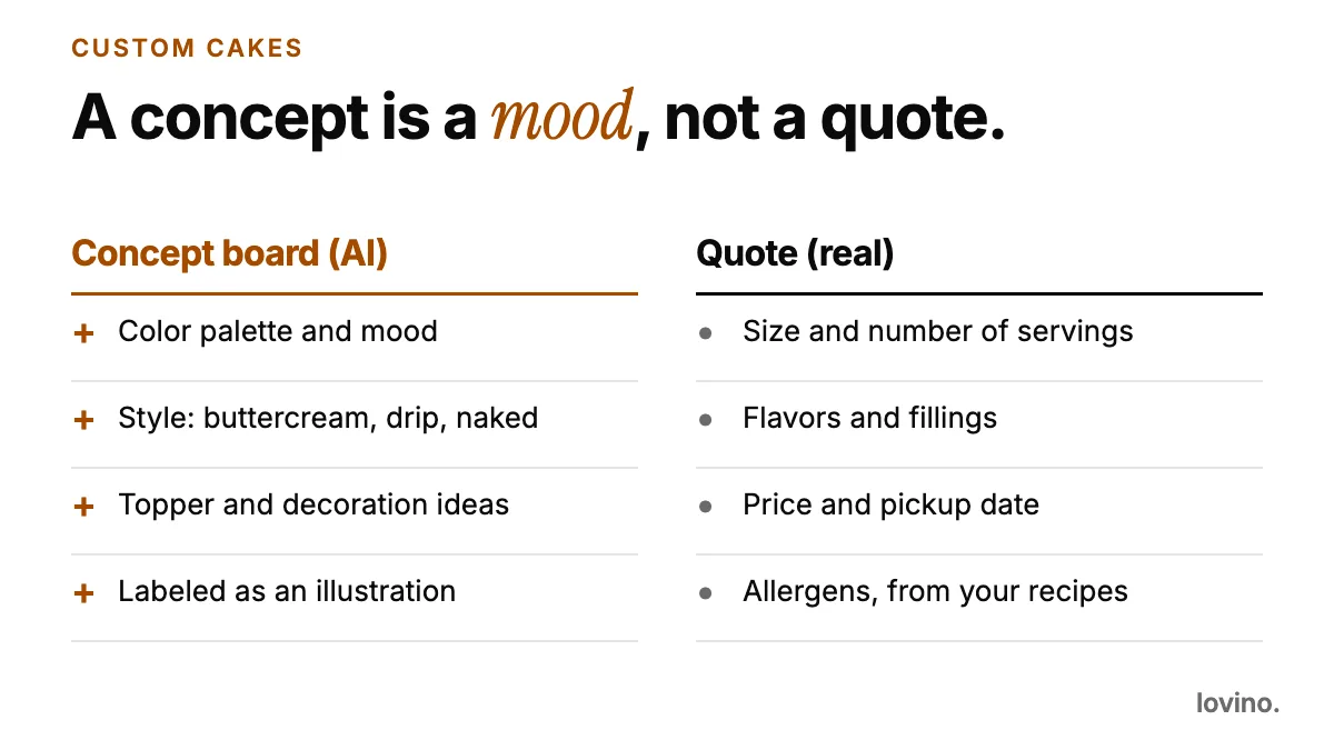 A two-column card for custom cakes: an AI concept board covers color palette, style, topper ideas and a label saying it is an illustration, while the real quote covers size, flavors, price, pickup date and allergens