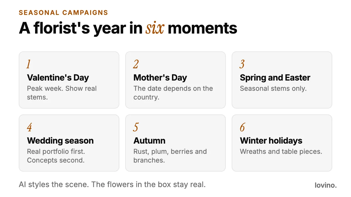A florist's year in six moments: Valentine's Day, Mother's Day, spring and Easter, wedding season, autumn, and winter holidays.