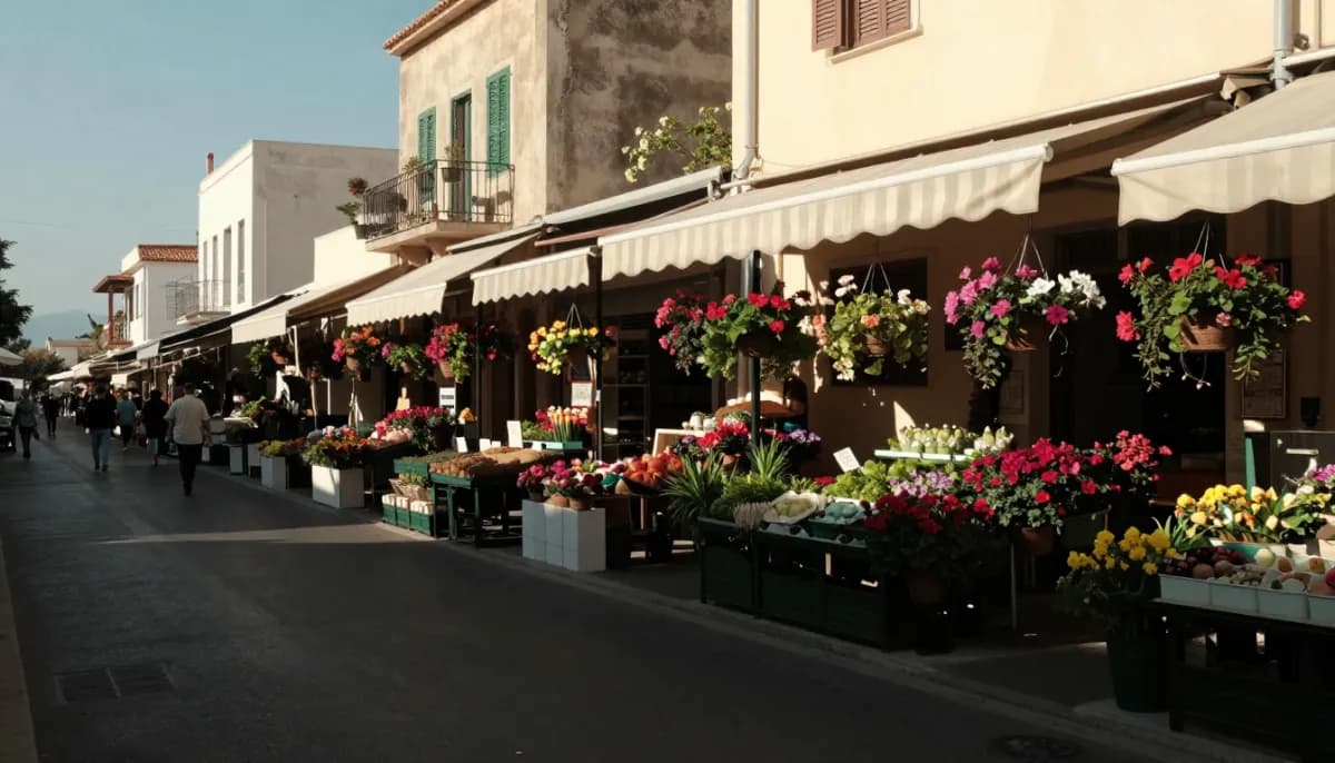 AI photos for florists: an AI-made street flower market with stalls of pink, red and yellow blooms under cream awnings