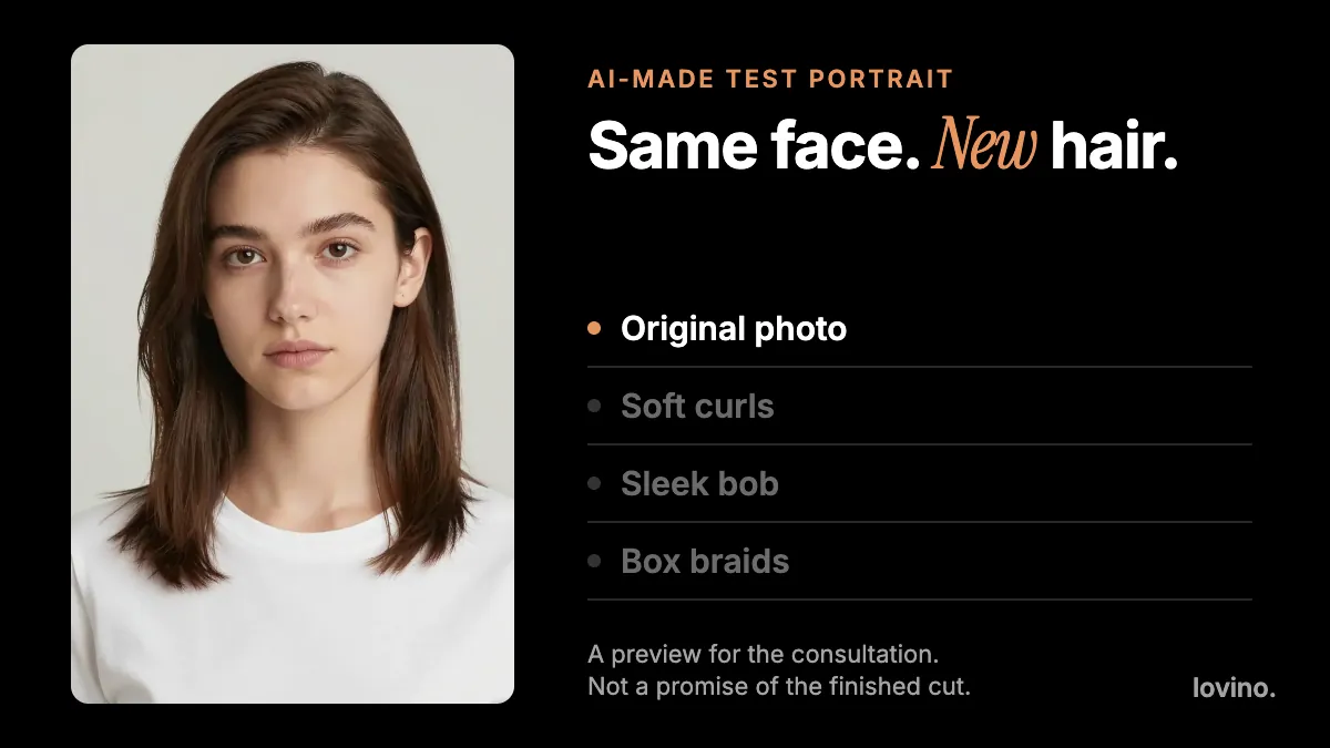 Animated hairstyle preview: one AI-made test portrait cycles from its original straight hair to soft curls, a sleek bob and box braids while the face stays the same