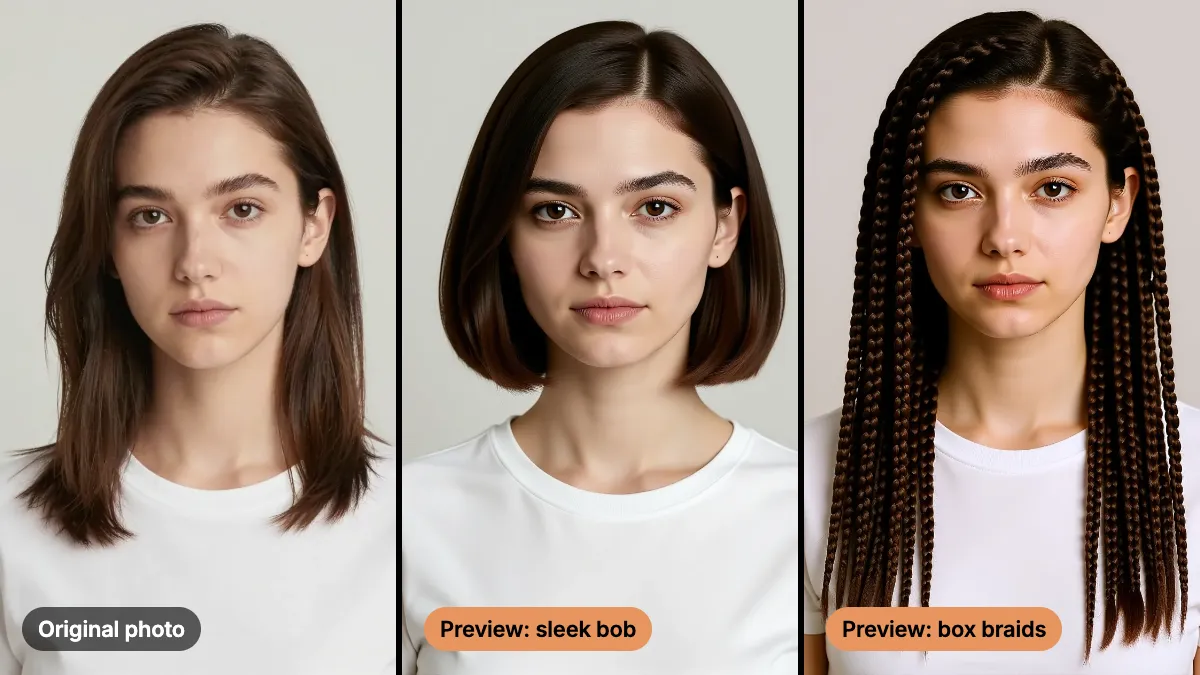 AI photos for hair salons and barbers: one AI-made test portrait shown with its original hair, as a sleek bob preview and as a box braids preview