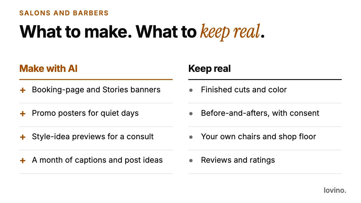 A two-column card: make banners, posters, style previews and captions with AI, and keep finished cuts, client before-and-afters, your own shop floor and reviews real