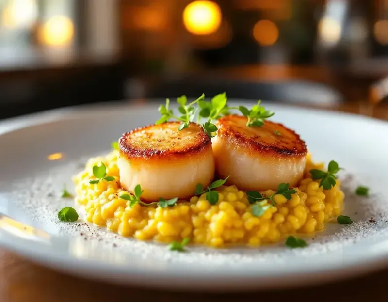 An AI-made concept image of seared scallops on saffron risotto, shown as a mood reference and not as a real menu item