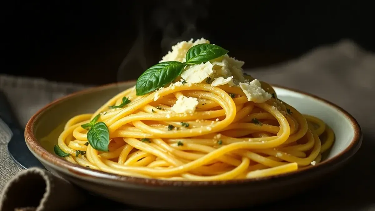 AI photos for restaurants: an AI-made concept image of a steaming plate of pasta with basil and shaved cheese on a dark table
