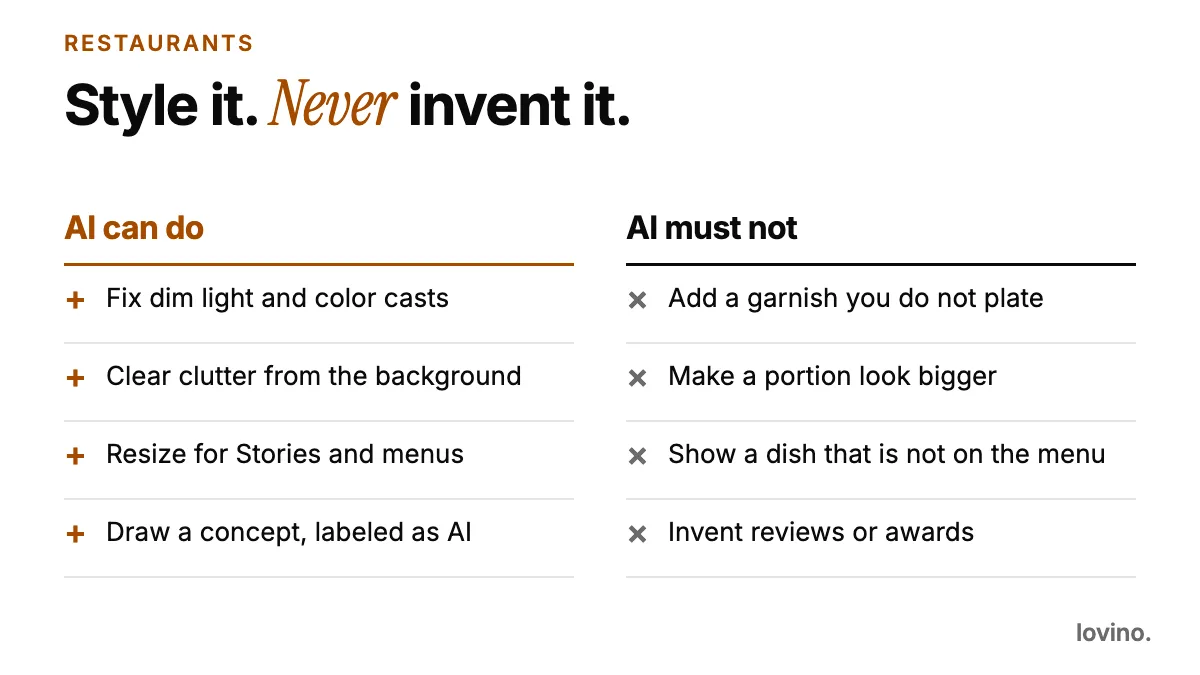 A do and don't card: AI can fix light, clear clutter, resize and draw labeled concepts, but must not add garnish, enlarge portions, show off-menu dishes or invent reviews