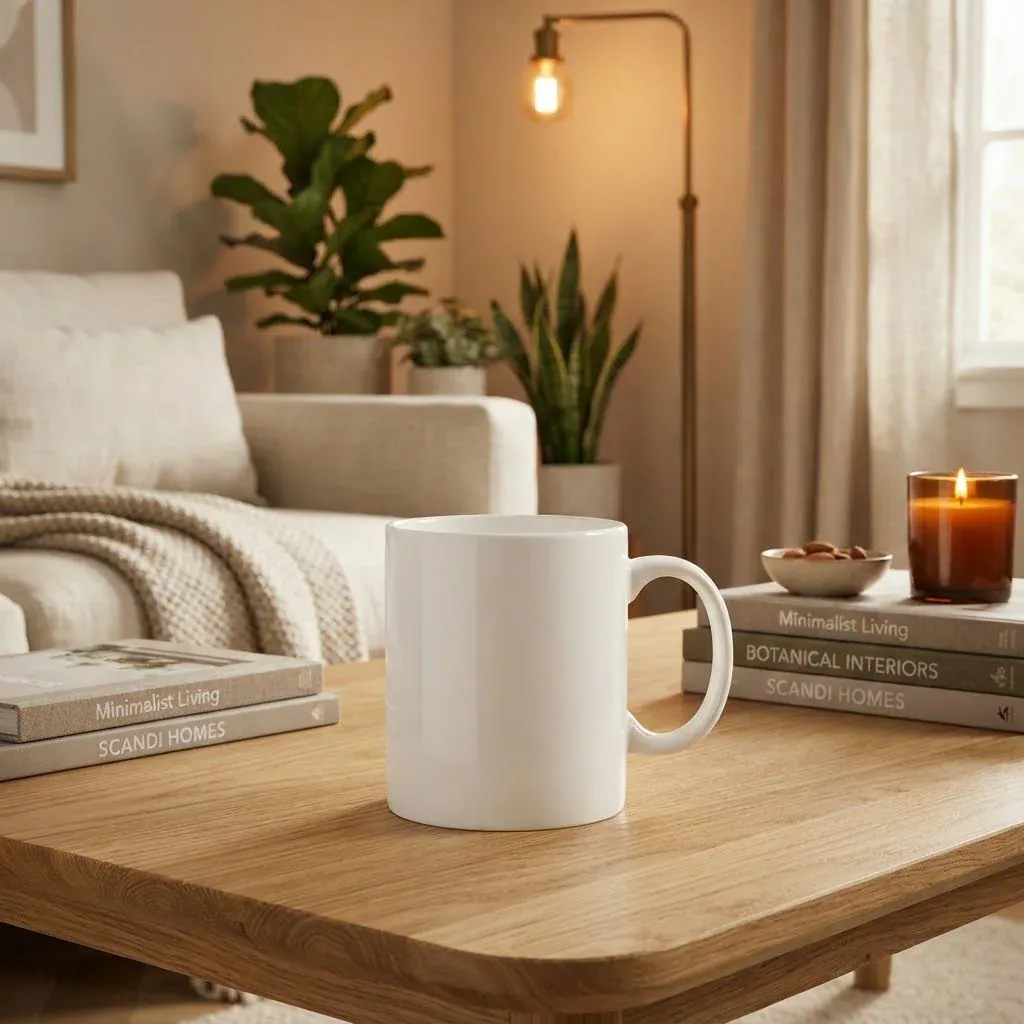 An AI-made lifestyle scene with a white mug on a coffee table and a lit amber candle standing on a stack of books near a curtain, shown as a styling mistake to avoid